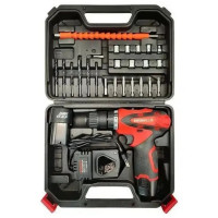  Акумуляторний шуруповерт у валізі з набором інструментів, 2 акумулятори 12V червоний